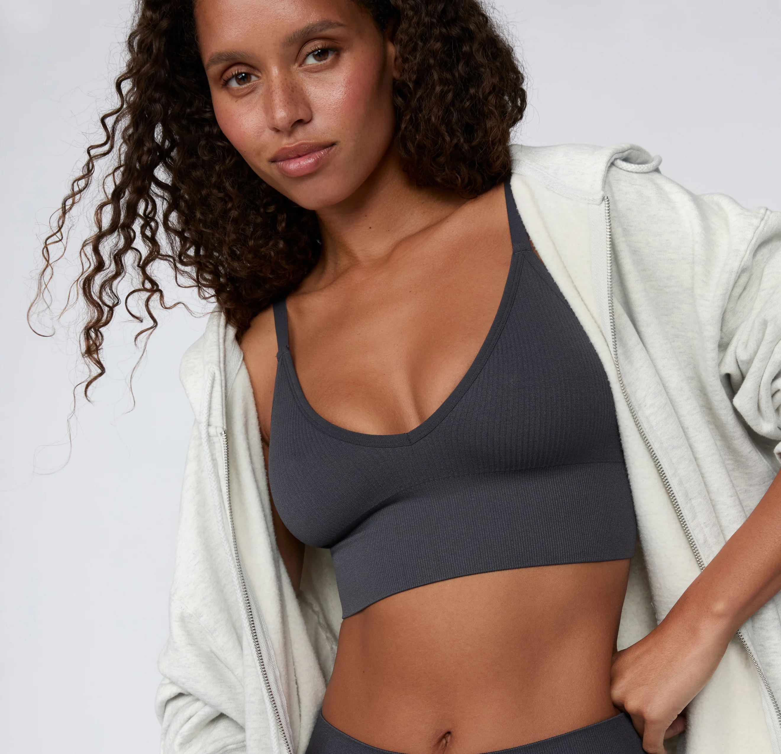 Ribbed Seamless Triangle Bralette - Charcoal - Image 5