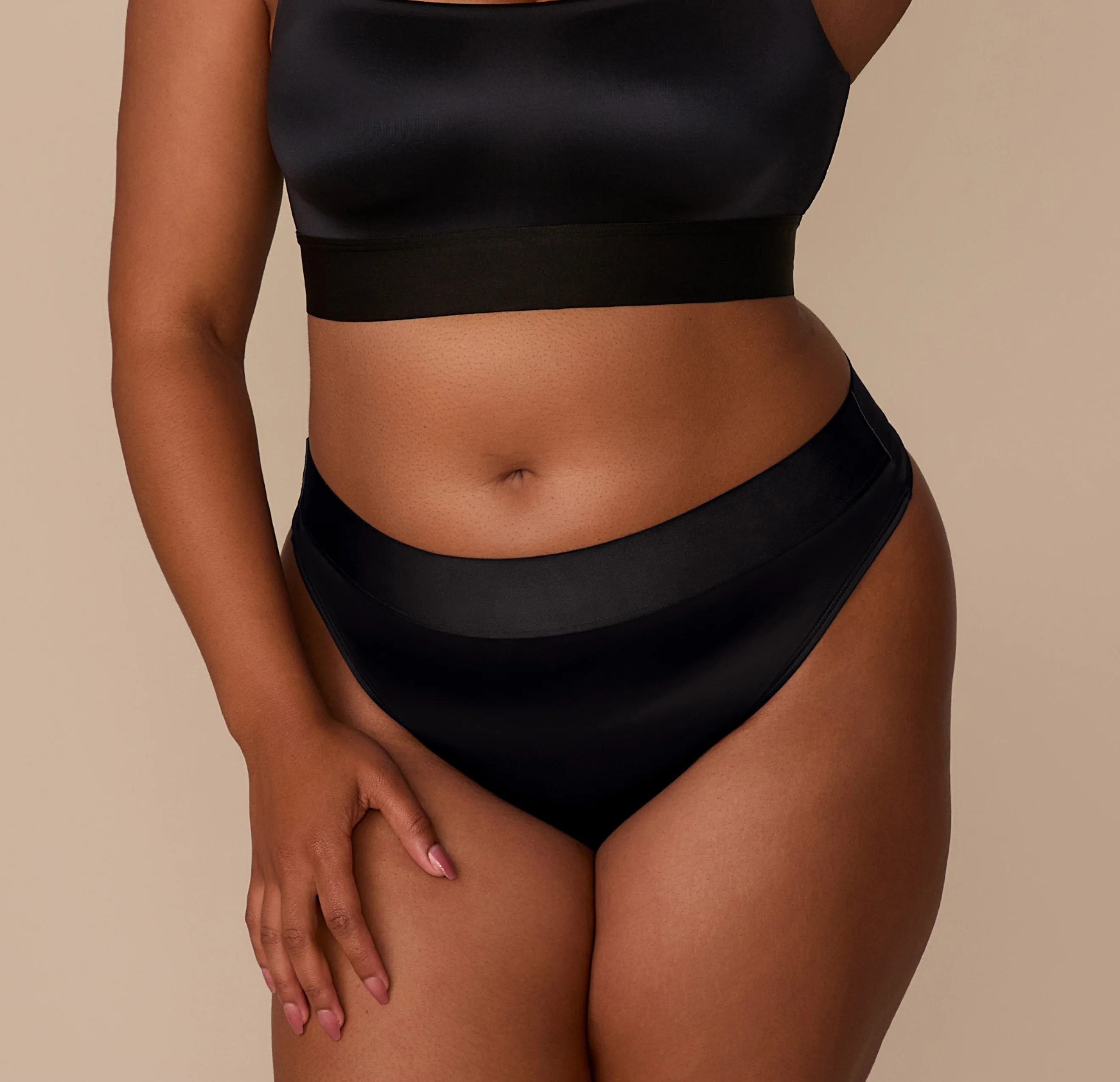 Stretch Satin Highwaist Thong - Black