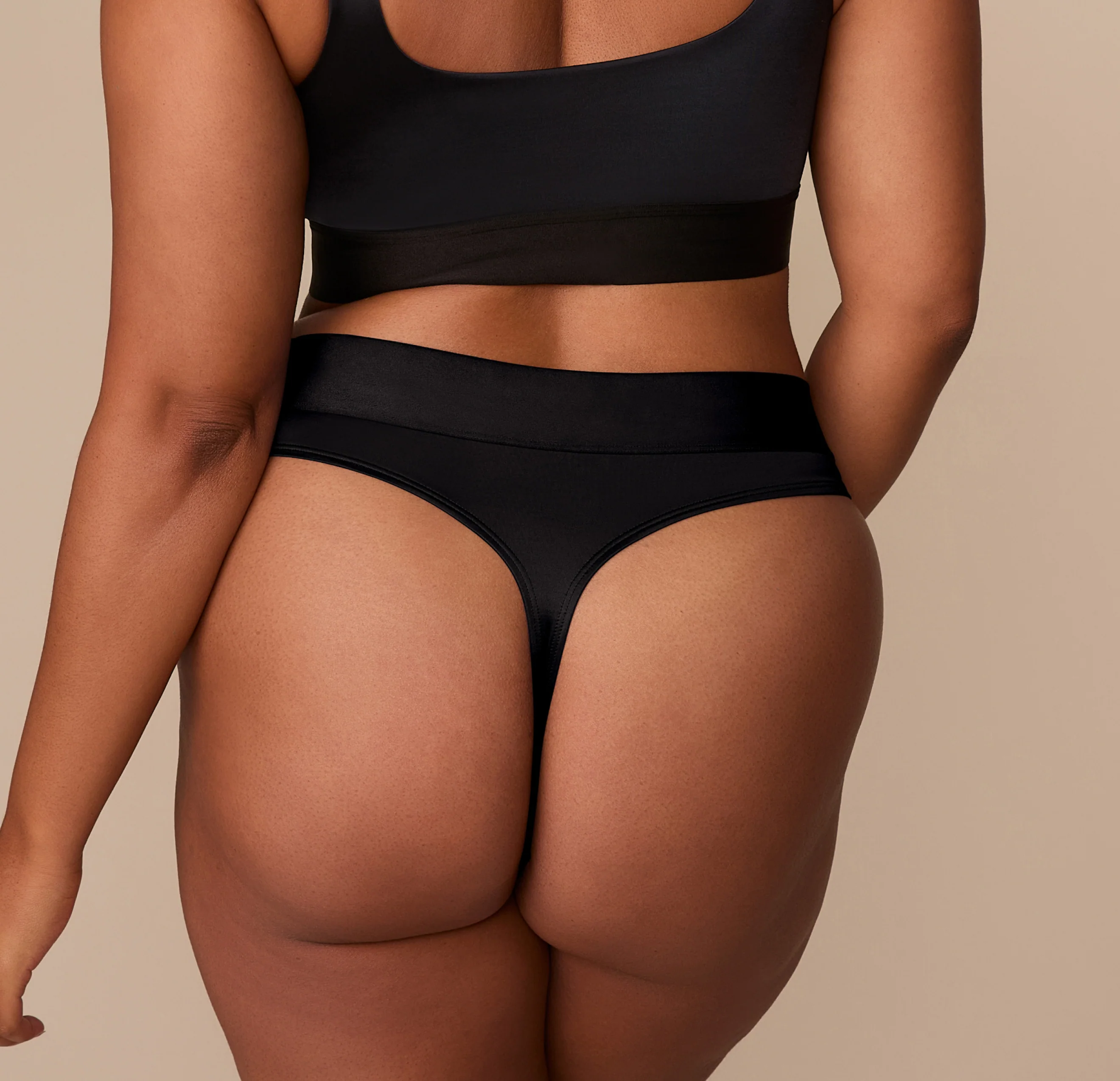 Stretch Satin Highwaist Thong - Black - Image 3