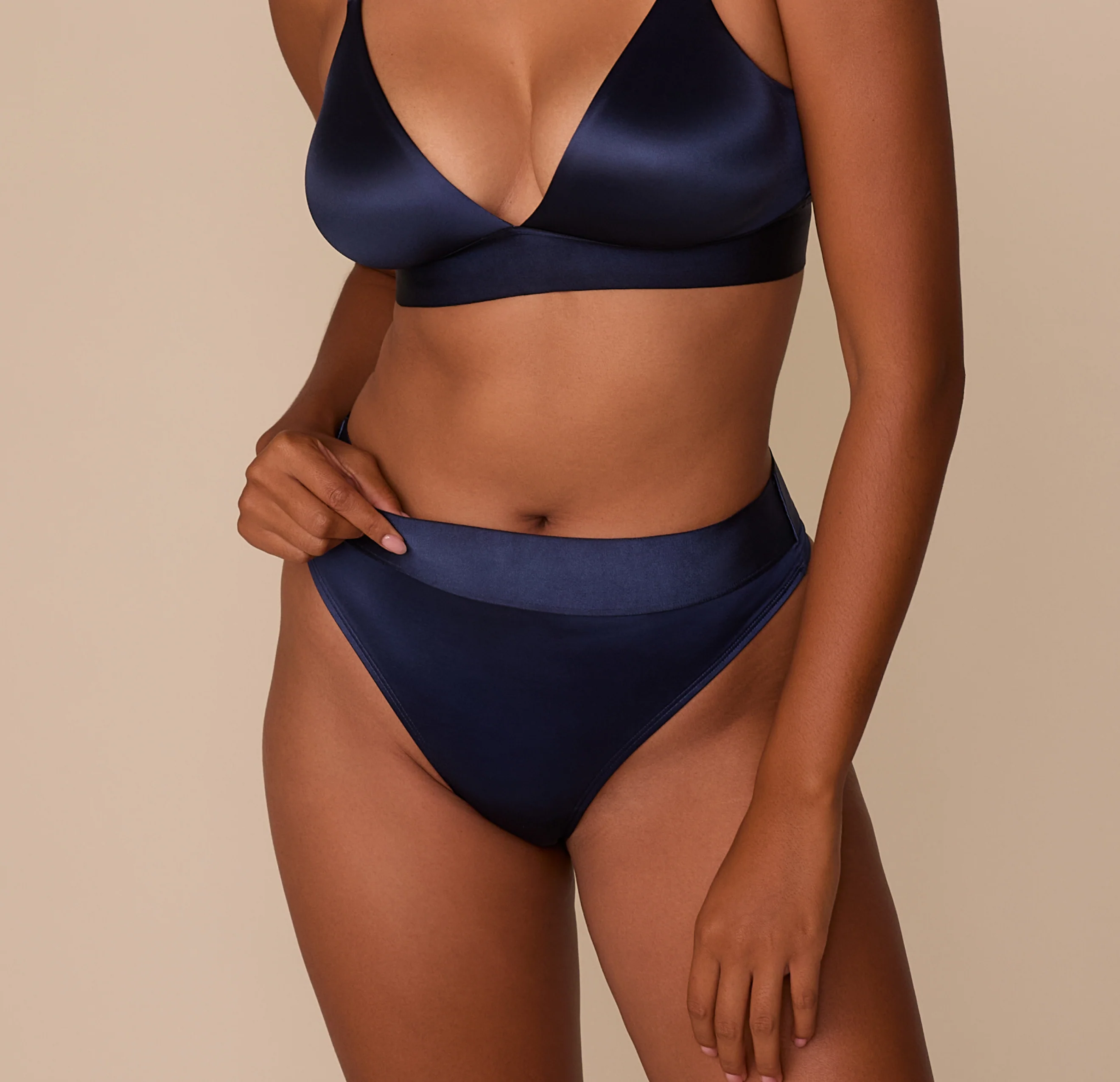 Stretch Satin Highwaist Thong - Navy