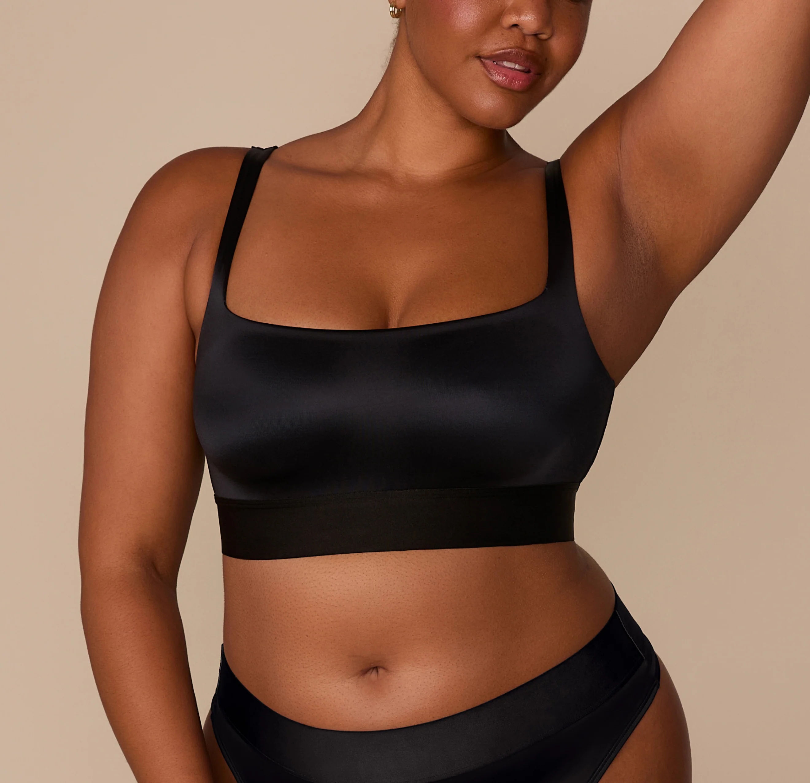 Stretch Satin Square Neck Bralette - Black - Image 4