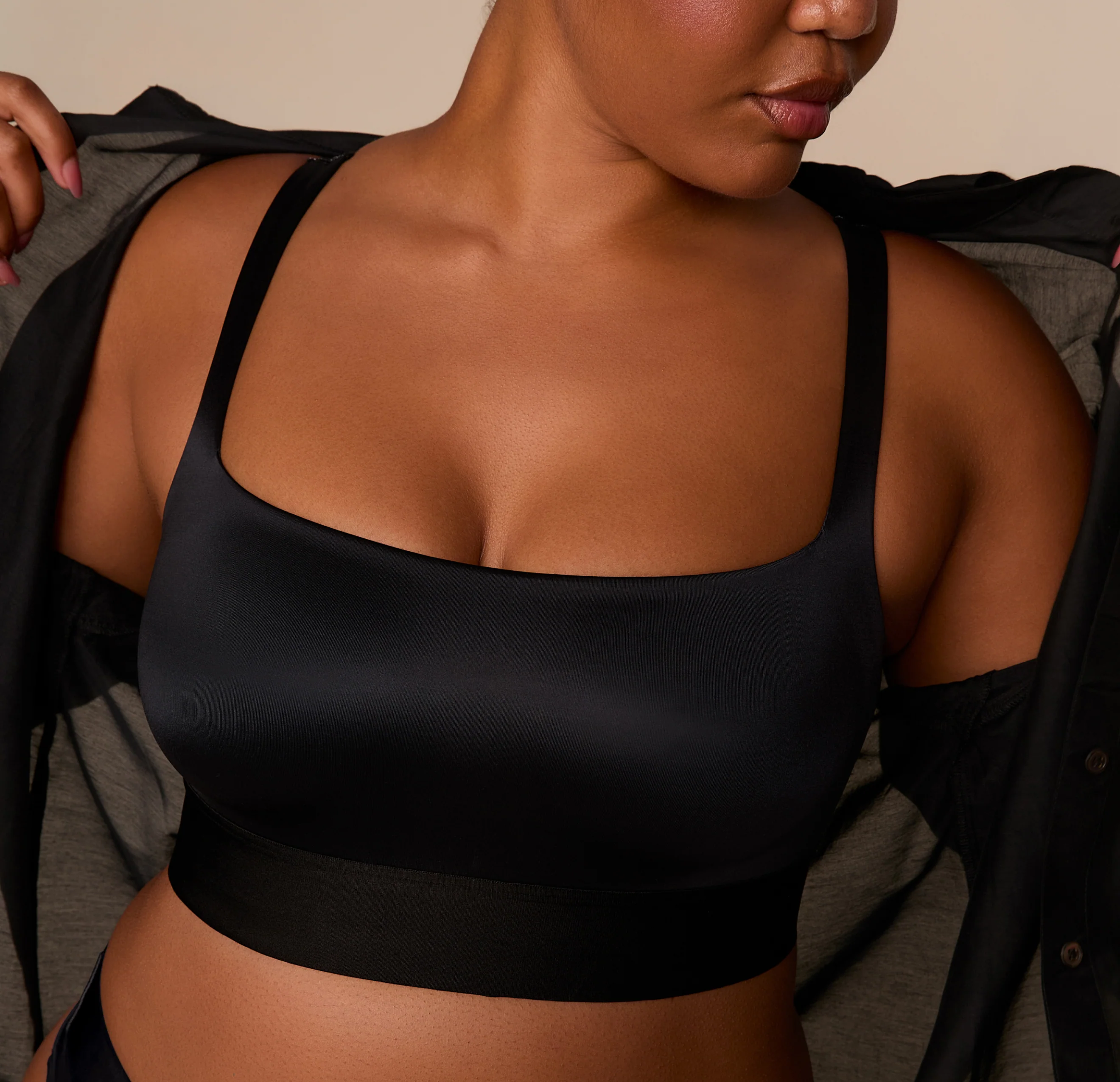 Stretch Satin Square Neck Bralette - Black - Image 8