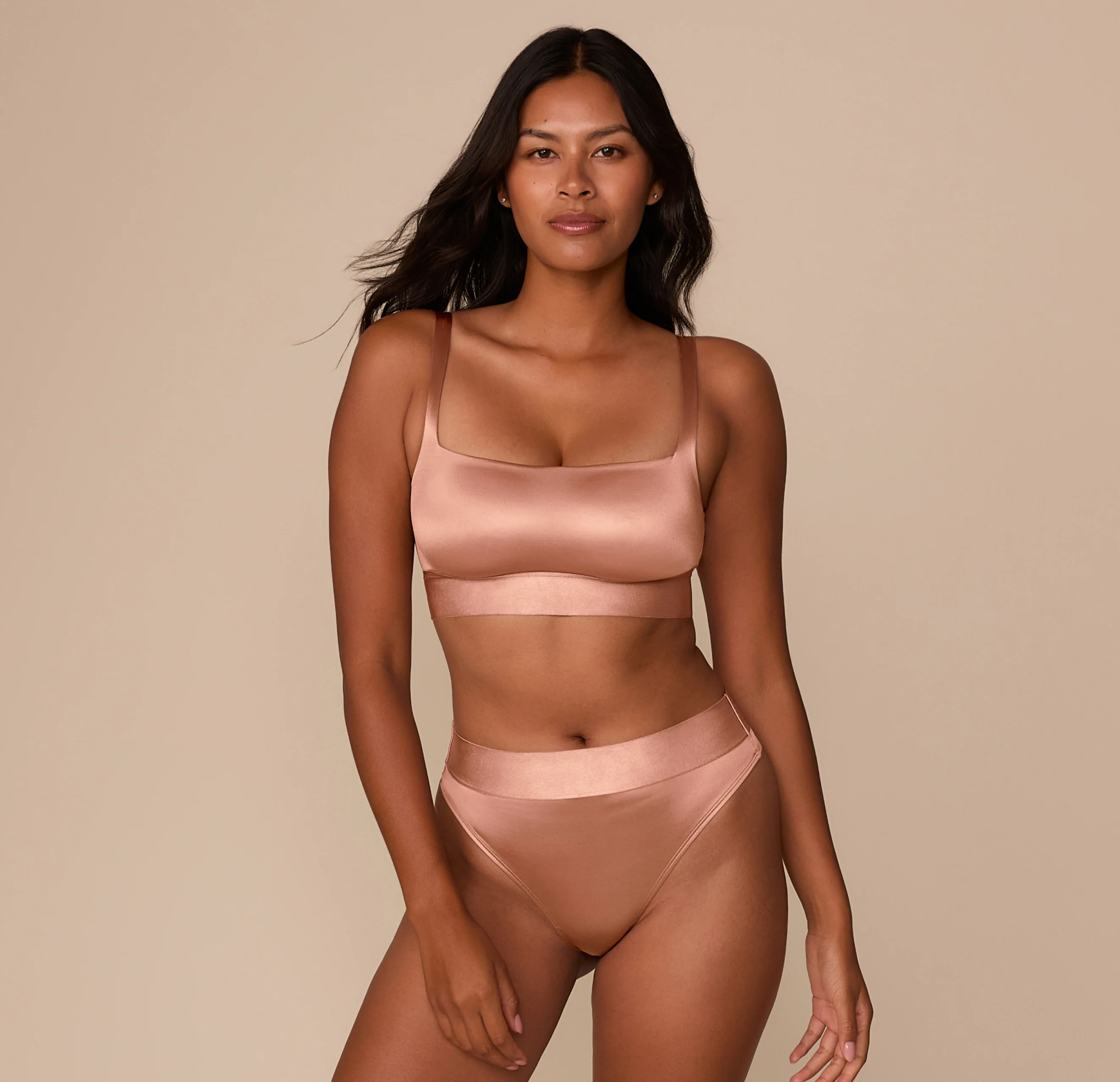 Stretch Satin Square Neck Bralette - Champagne - Image 5