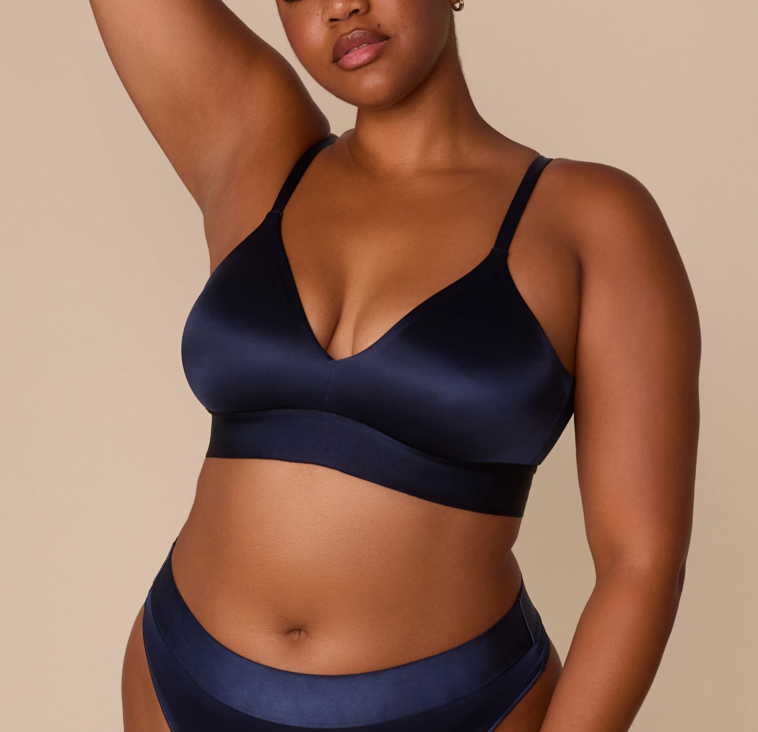 Stretch Satin Triangle Bralette - Navy - Image 2