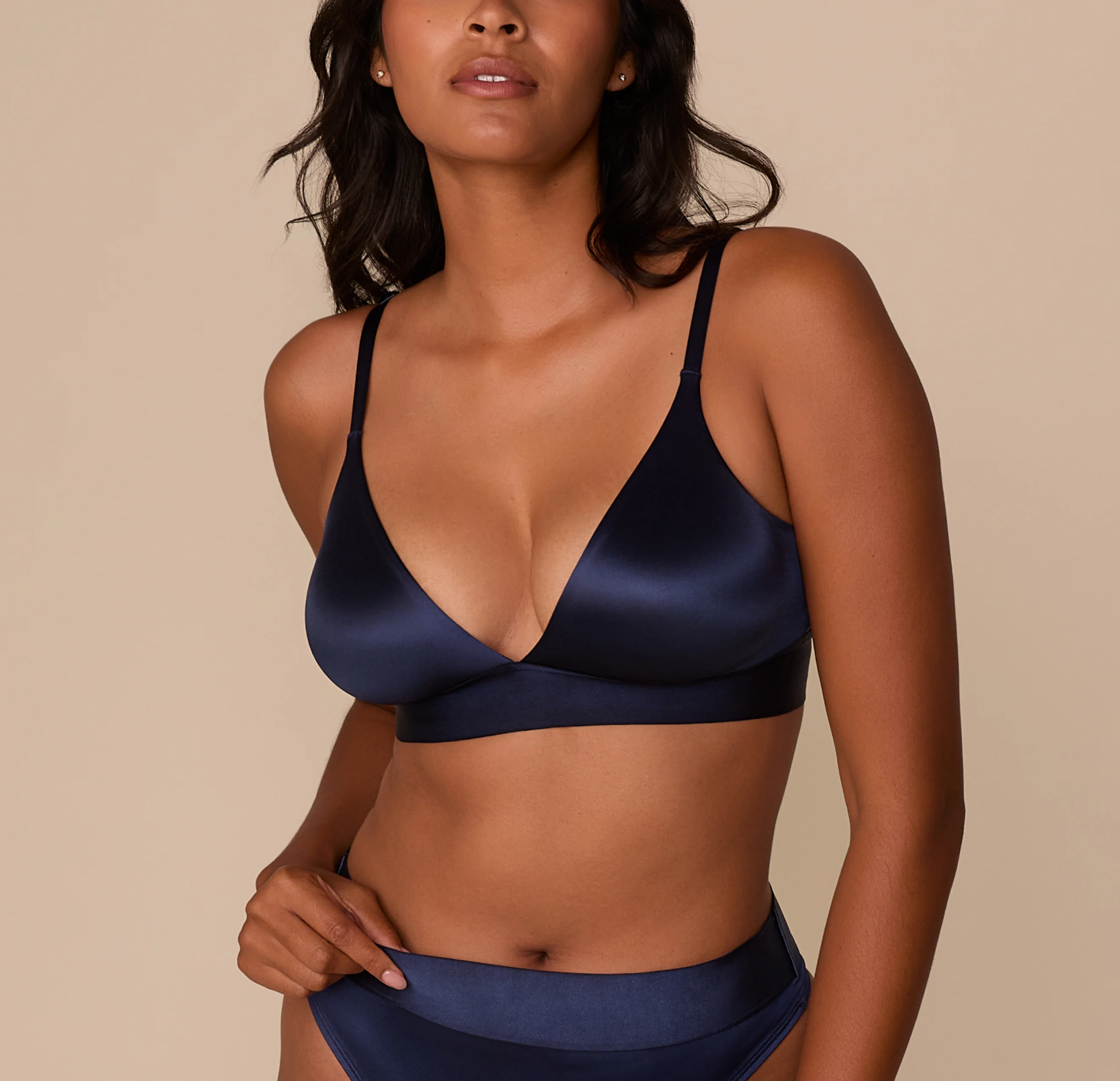 Stretch Satin Triangle Bralette - Navy - Image 4